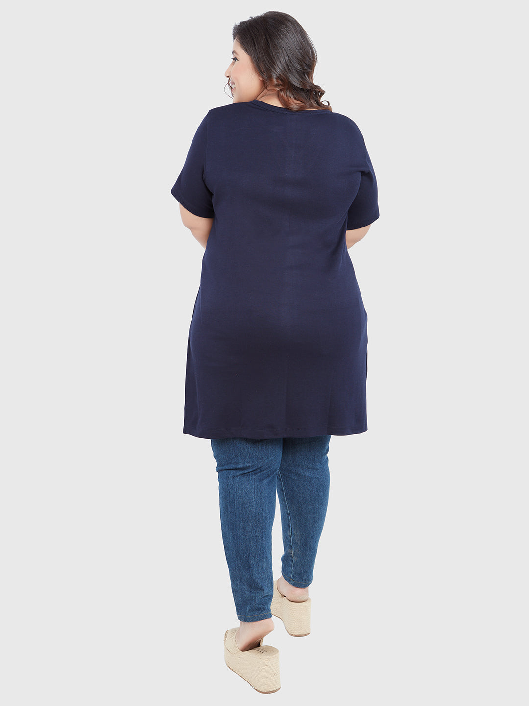 Plus Size Half Sleeves Long Top For Women - Navy Blue