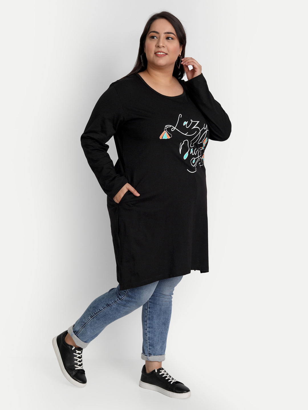 Cotton Long Top for Women Plus Size - Full Sleeve - Black