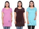 Cotton Printed Long T-shirts For Women Half Sleeve - Pack of 3 (Lavender, Aqua & Wine)