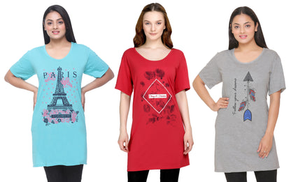 Plus Size Long T-shirts For Women - Half Sleeve - Pack of 3 (Red, Grey & Turquoise)