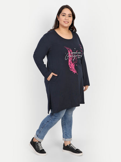 Stylish Cotton Long Top for Women Plus Size - Full Sleeve - Navy Blue Online In India