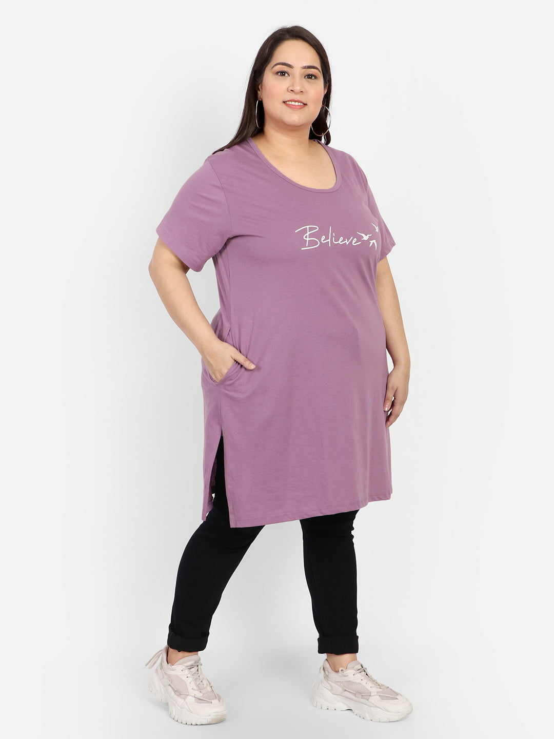 Plus Size Long T-shirt For Women - Half Sleeves - Lavender