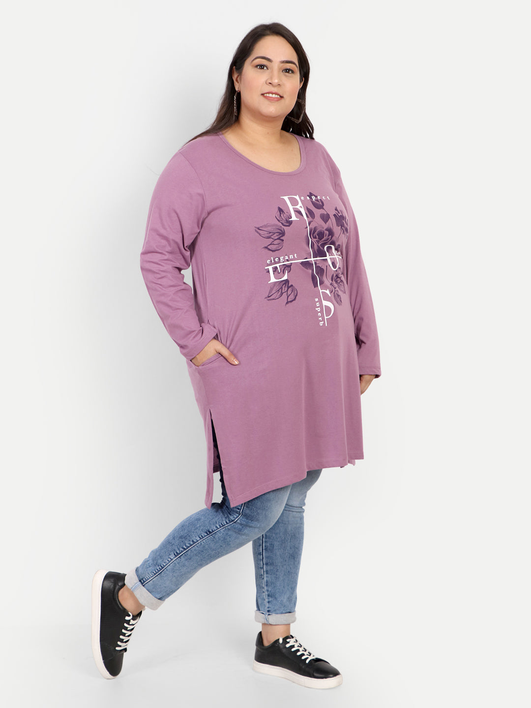 Cotton Long Top for Women Plus Size - Full Sleeve - Lavender