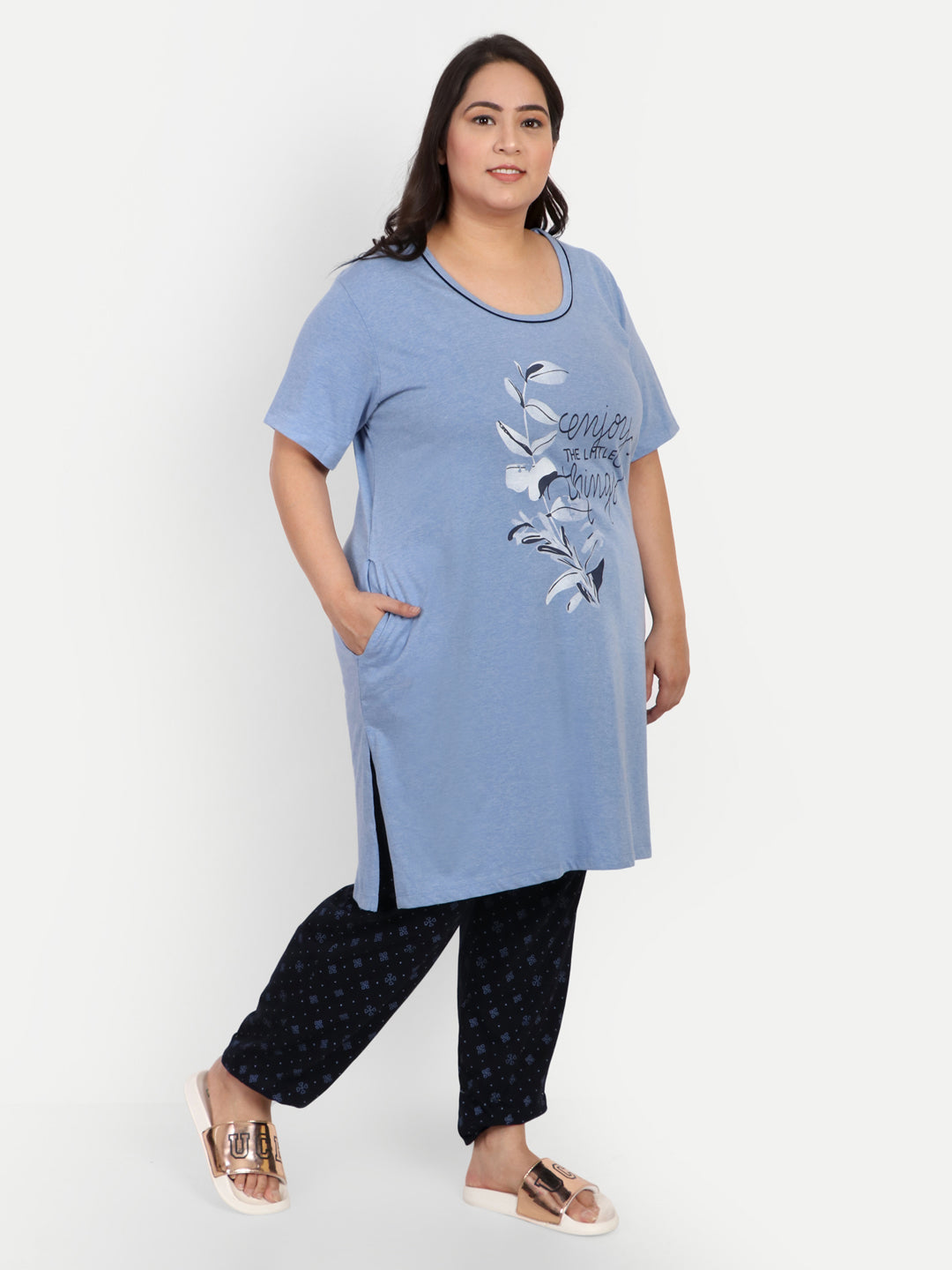 Plus Size Cotton Nightsuit For Women - Long Top & Pyjama Set