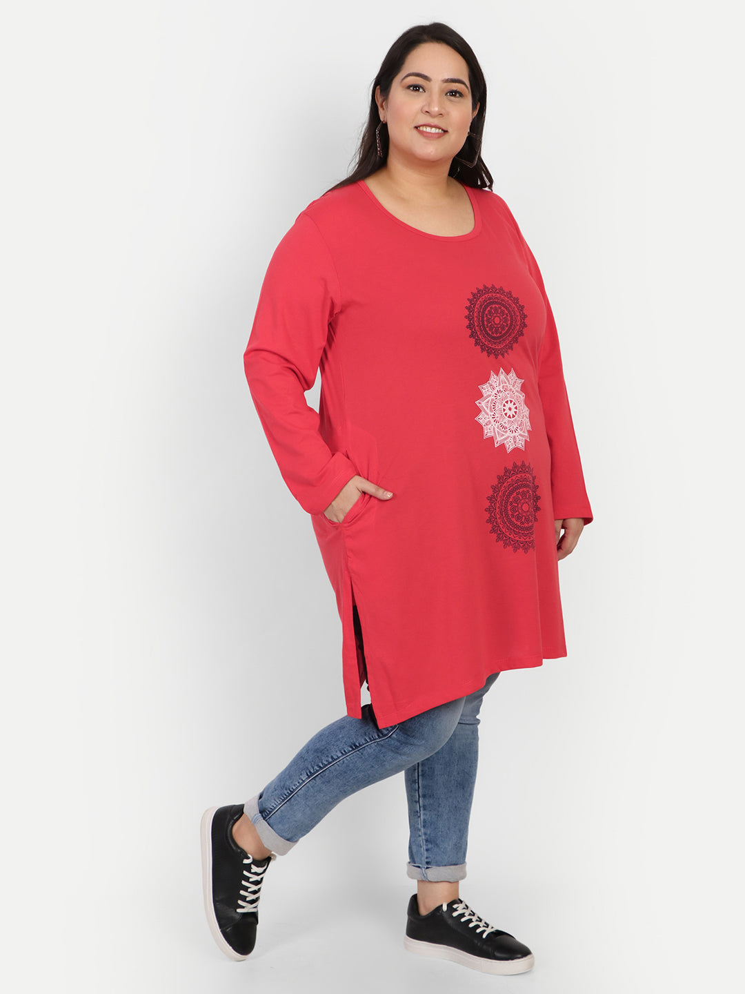 Cotton Long Top for Women Plus Size - Full Sleeve - Red At Online