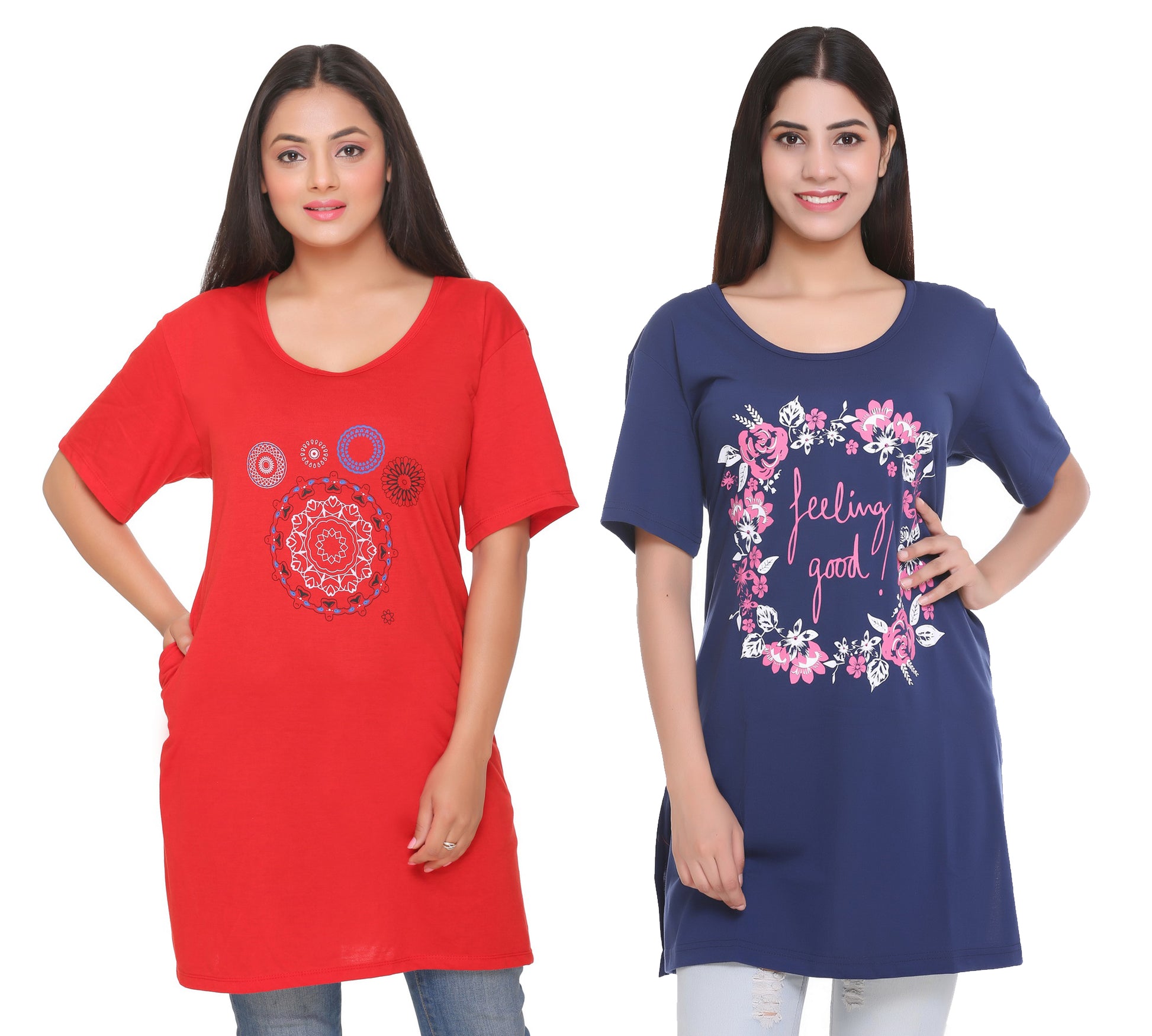 Plus Size Long T-shirts For Women - Half Sleeve - Pack of 2 (Navy Blue & Red)