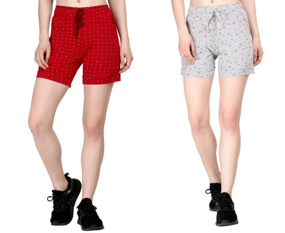 Plus Size Cotton Shorts For Women - Printed Bermuda Combo (Grey & Maroon)