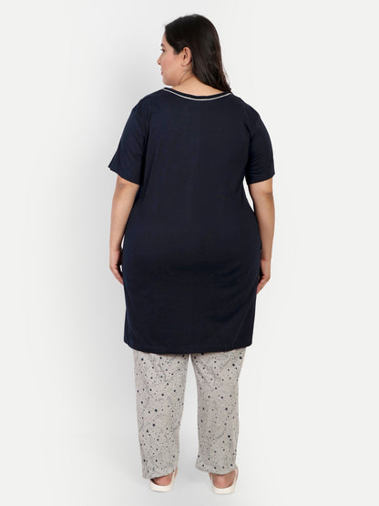 Cotton Nightsuit For Women - Long Top &Pyjama Set - Navy Blue & Grey