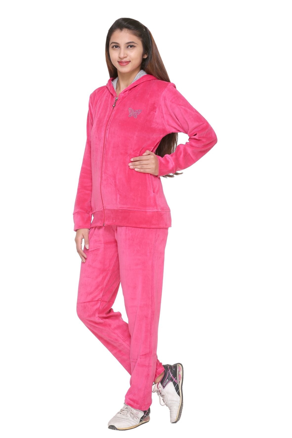 Comfy Pink Cotton Winter Velvet Tracksuit For Women Online In India