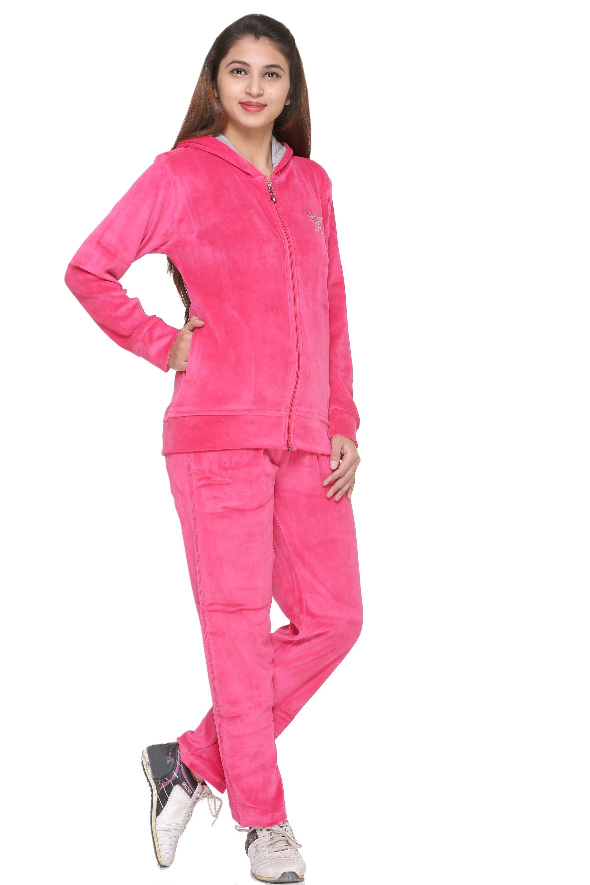 Comfy Pink Cotton Winter Velvet Tracksuit For Women Online In India