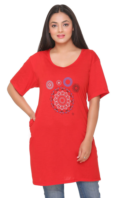 Stylish Red Plus Size Cotton Half Sleeve Long T-shirt For Women Online In India
