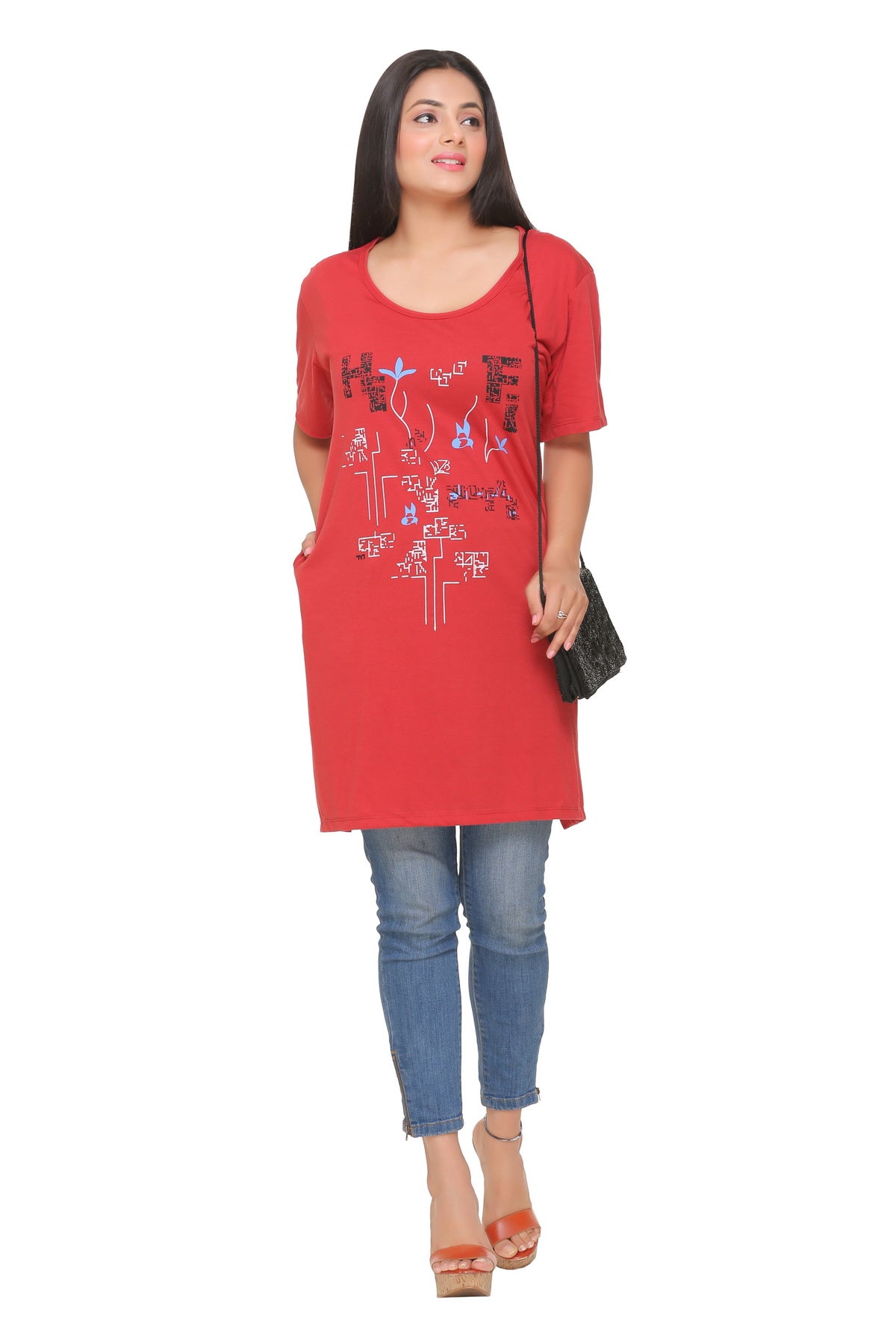 Plus Size Long T-shirt For Women - Half Sleeve - Rust Red