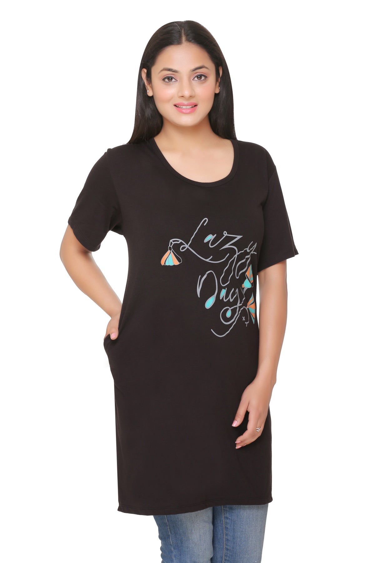 Stylish Black Half sleeves Long t-shirt For Women - Online