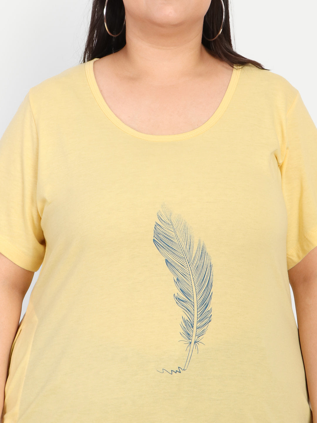 Comfy Lemon Yellow Printed Cotton Long T-shirt For Women (Half Sleeves) Online In India