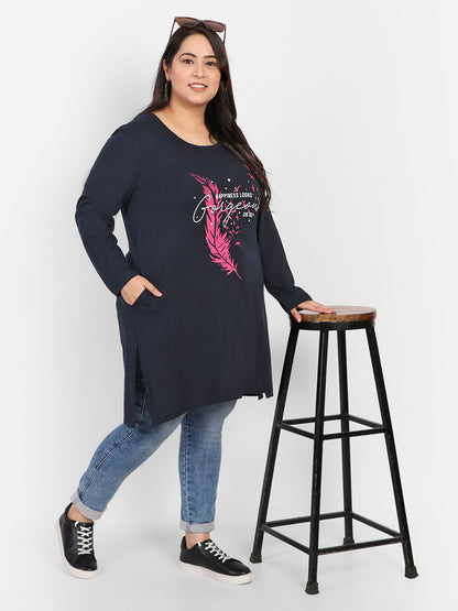 Cotton Long Top for Women Plus Size - Full Sleeve - Navy Blue