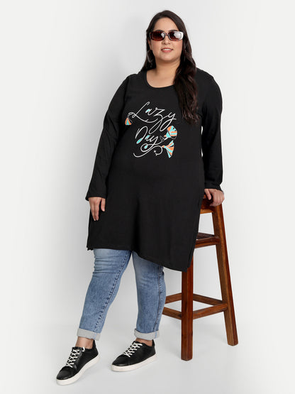 Cotton Long Top for Women Plus Size - Full Sleeve - Black