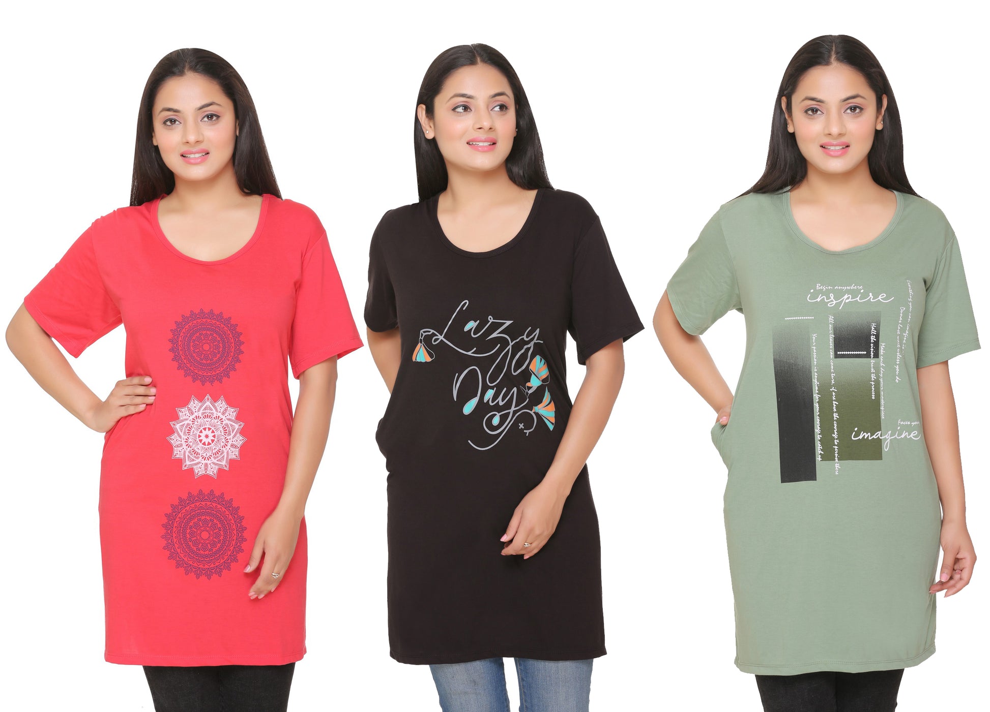 Plus Size Long T-shirts For Women - Half Sleeve - Pack of 3 (Punch Pink, Green & Navy Blue)