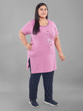 Cotton Nightsuit For Women - Long Top & Pyjama Set - Mauve&Black