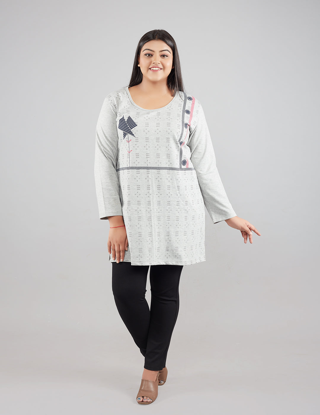 Plus Size Printed Long Tops For Women Full Sleeves T-shirts - Grey