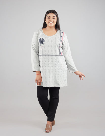 Plus Size Printed Long Tops For Women - Full Sleeves T-shirts - Grey