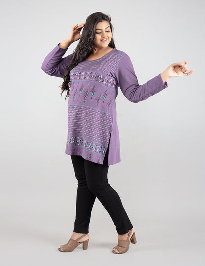 Plus Size Printed Long Tops For Women Full Sleeves T-shirts - Lavender