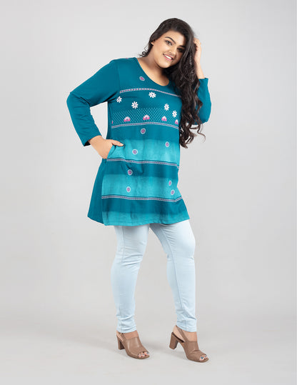 Plus Size Printed Long Tops For Women Full Sleeves T-shirts - Teal Blue