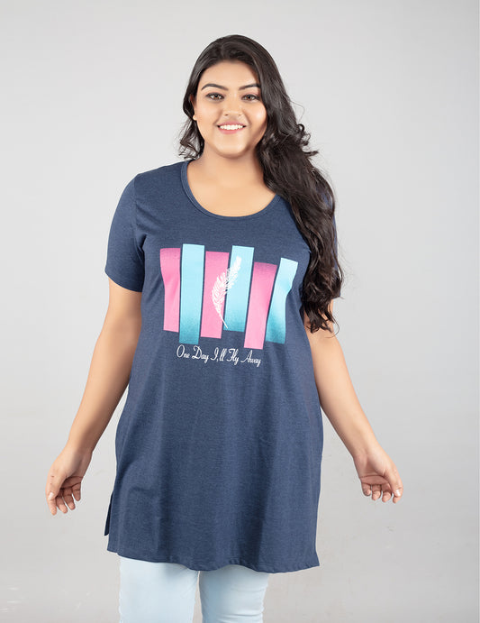 Breezy Denim Blue Plus Size Half Sleeve Long T-Shirt For Women Online In India