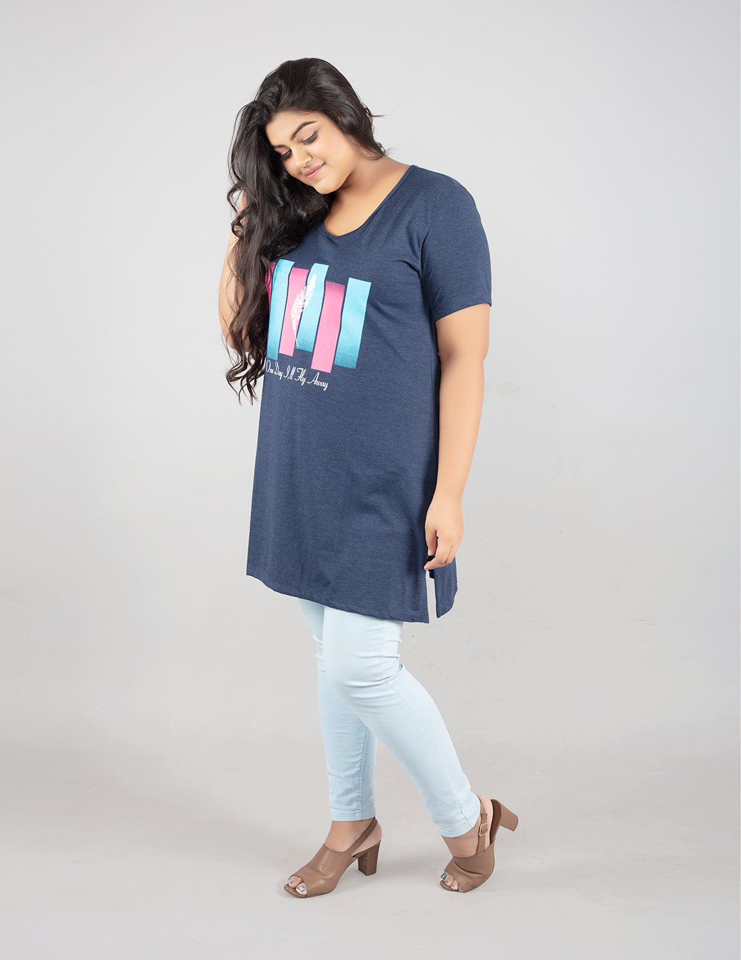 Plus Size Long t-shirt For Women - Half Sleeve - Denim Blue