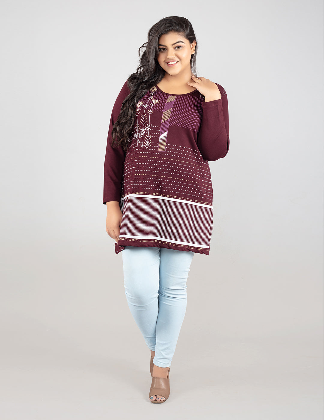 Plus Size Printed Long Tops For Women Full Sleeves - Pack of 2 (Wine & Grey) At Onlion