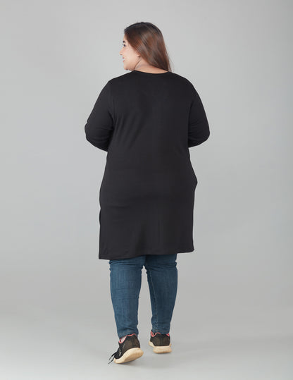Comfortable Plus Size Long Tops For Women In Full Sleeves- Black 