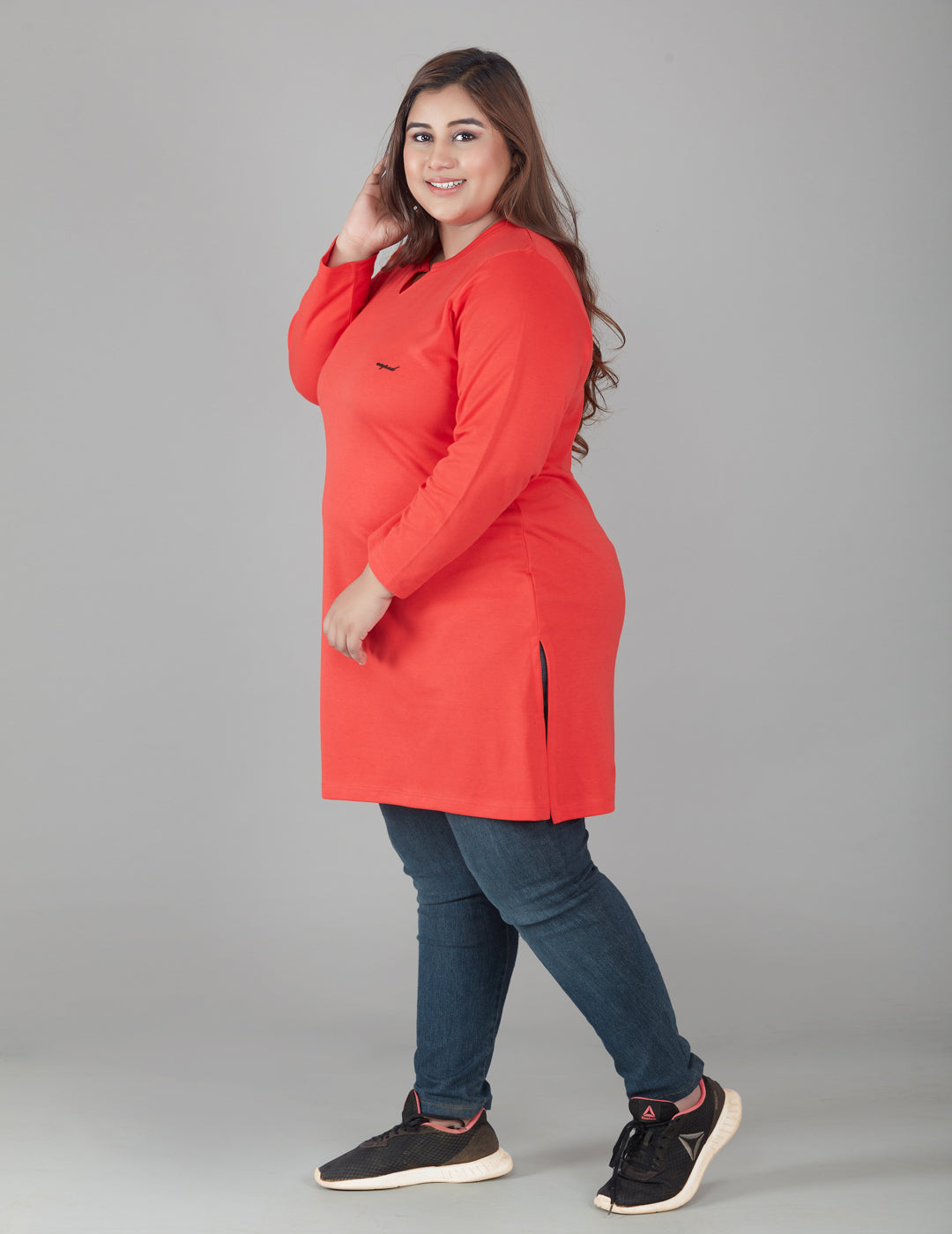 Stylish Red Cotton Full Sleeves Long Tops For Women in Plus Size at best prices
