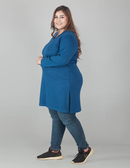 Comfortable Blue Full sleeves Long Top for Women In Plus Size