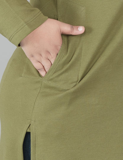Comfortable Plus Size Full Sleeves Long Tops For Women - Olive Green