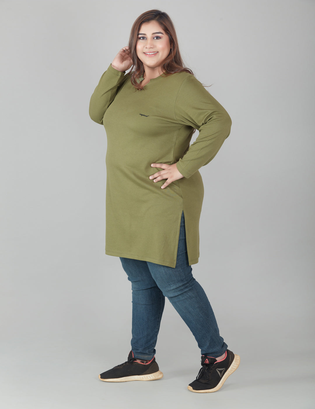 Comfy Olive Green Cotton Plus Size Full Sleeve Long Top For Women Online In India