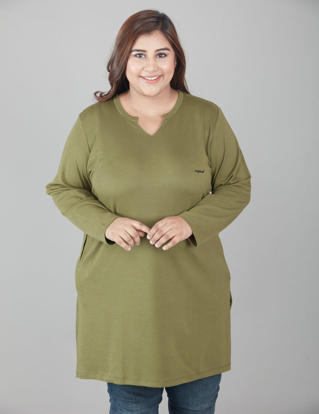 Comfy Olive Green Cotton Plus Size Full Sleeve Long Top For Women  Online In India