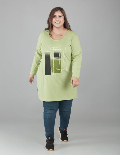 Cotton Long Top for Women Plus Size - Full Sleeve - Green