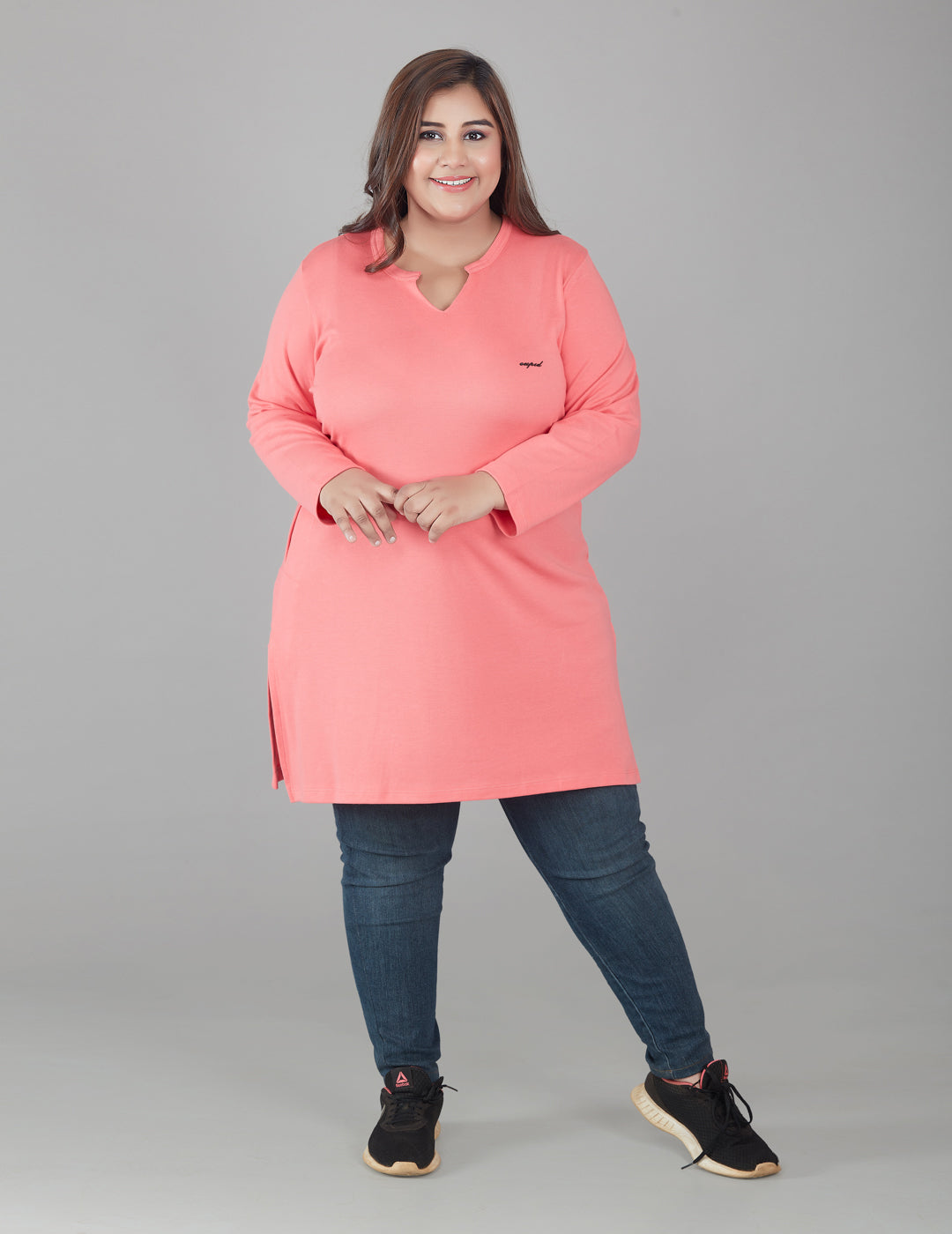 Plus Size Full Sleeves Long Top For Women Pink - Main Image