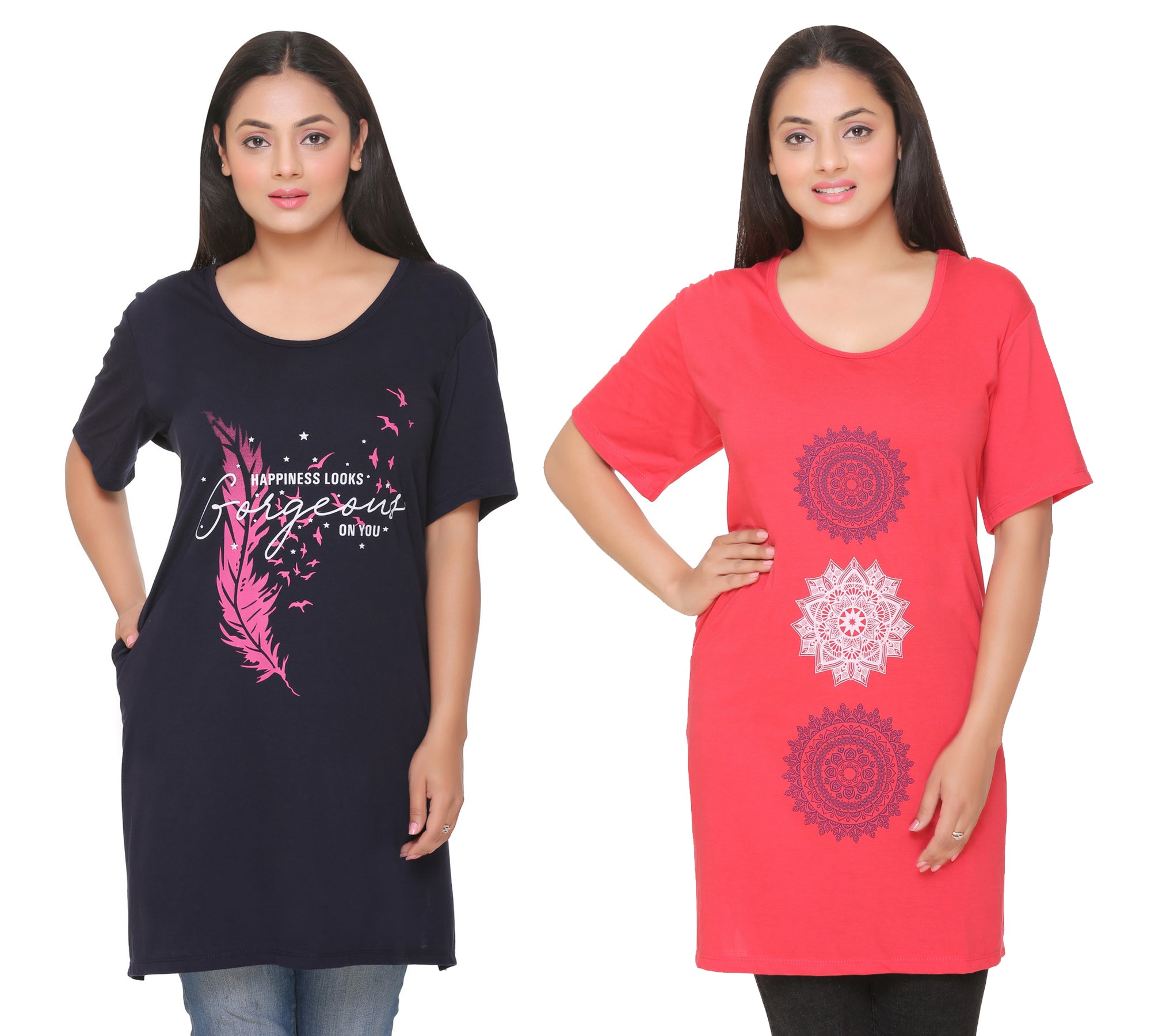 Plus Size Long T-shirts For Women - Half Sleeve - Pack of 2 (Navy Blue & Punch Pink)