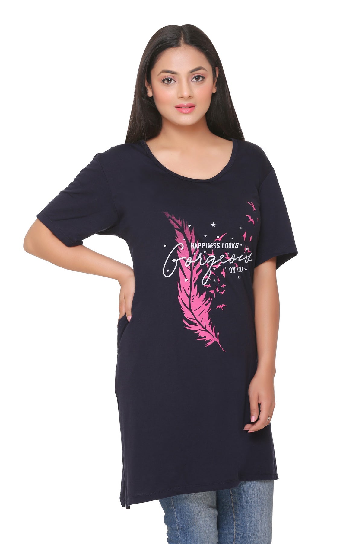 Stylish Plus Size Printed Half Sleeve Long T-Shirts For Women (Pack of 2) Online In India
