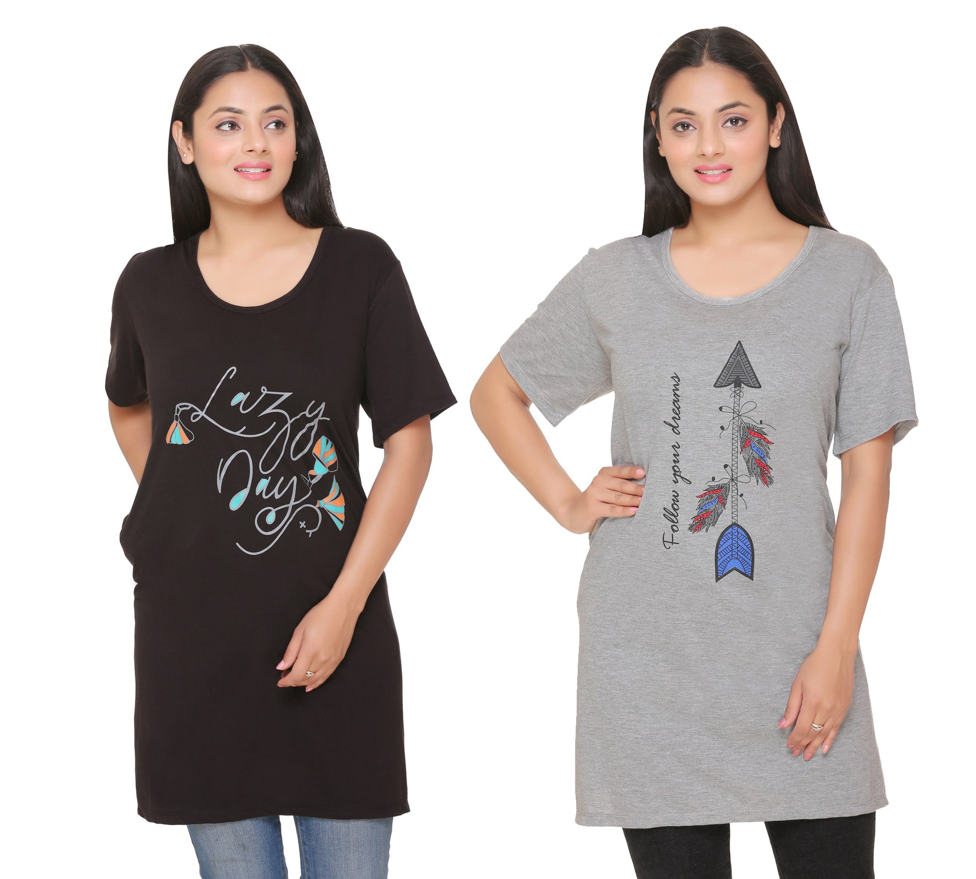 Plus Size Long T-shirts For Women - Half Sleeve - Pack of 2 (Grey & Black) 