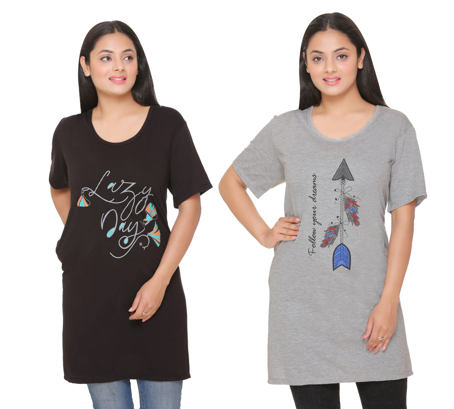 Plus Size Long T-shirts For Women - Half Sleeve - Pack of 2 (Black & Grey)