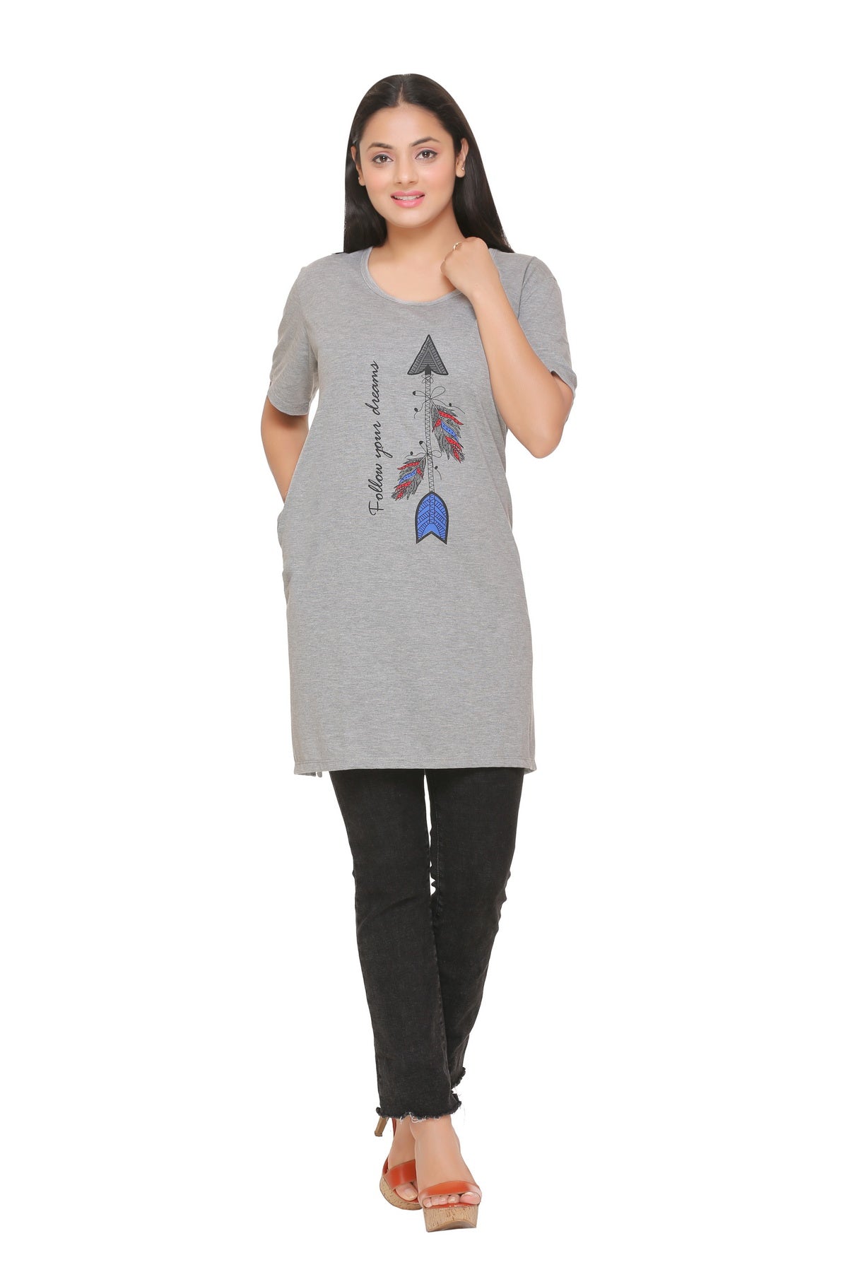 Plus Size Long T-shirts For Women - Half Sleeve - Pack of 2 (Grey & Black)