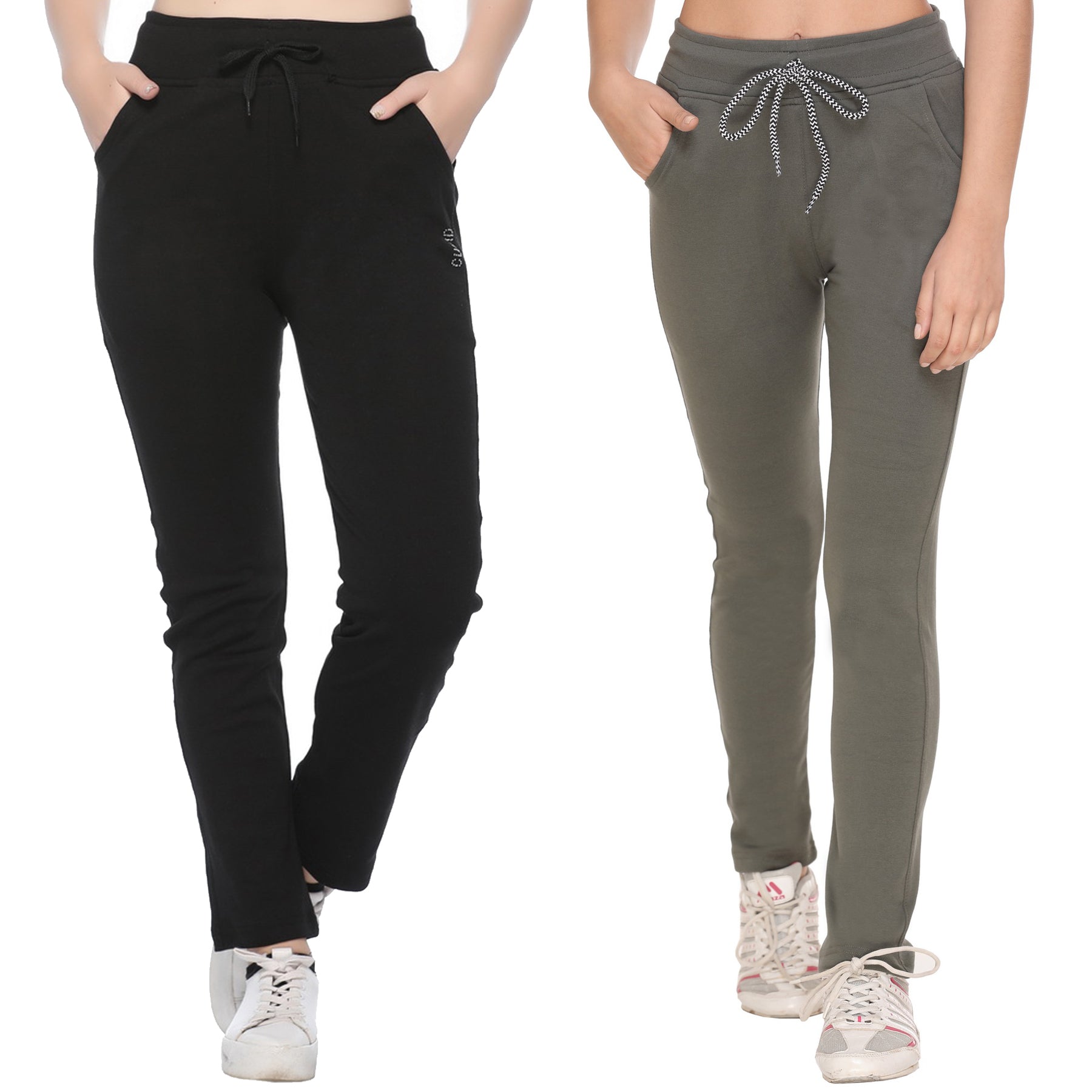 Stretchable Track Pants For Women - Cotton Lycra Activewear - Pack of 2 (Black & Olive Green)