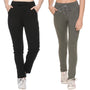 Stretchable Track Pants For Women - Cotton Lycra Activewear - Pack of 2 (Black & Olive Green)