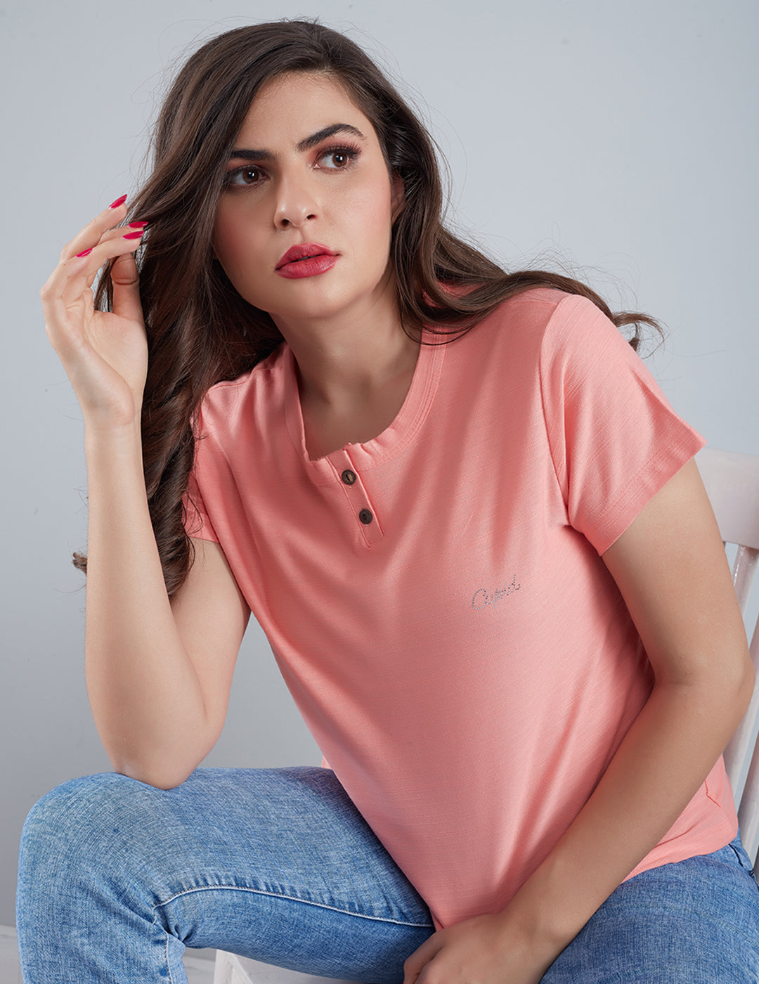 Women Plain Regular Wear T Shirts Peach