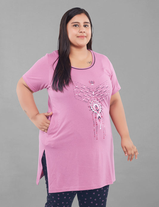 Cotton Nightsuit For Women - Long Top & Pyjama Set - Mauve&Black