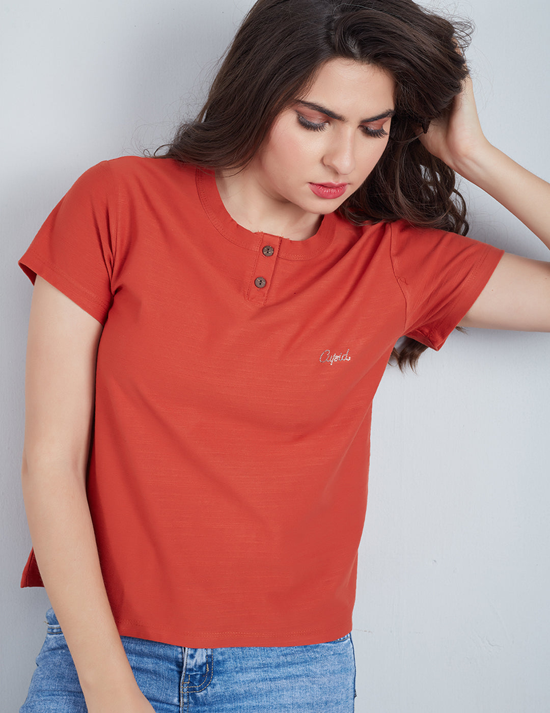 Stylish Rust Plain Cotton Short T-shirts For Women Online In India