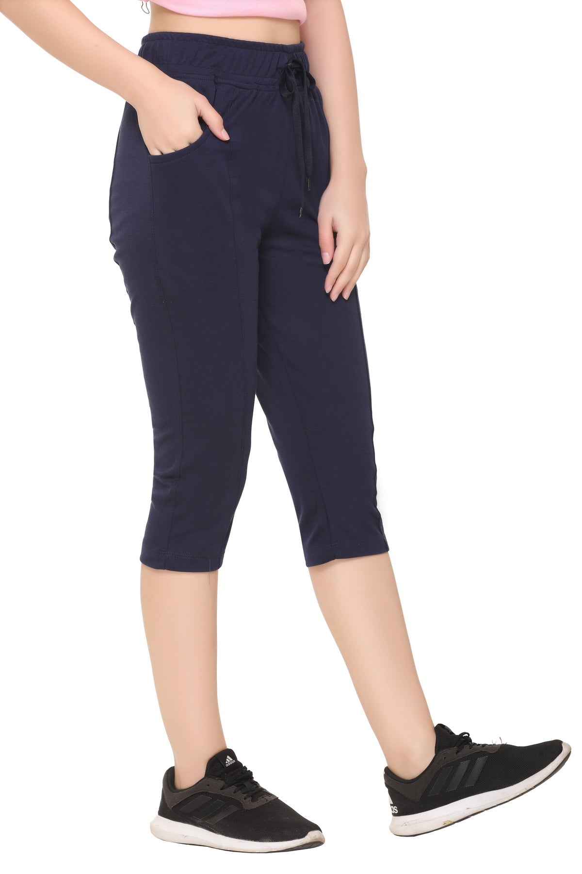 Buy theRebelinme Plus Size Womens Black Solid Color Wait Tie-Up Cotton  Knitted Capris online