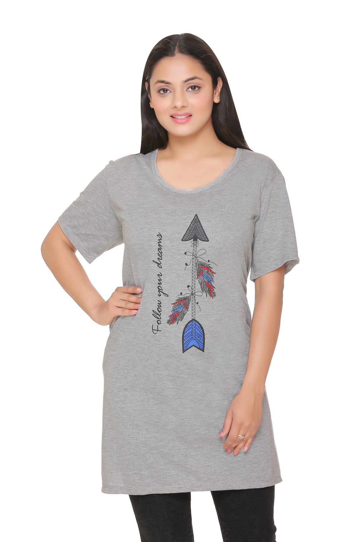 Plus Size Long T-shirt For Women In  Half Sleeve - Grey At Best Prices