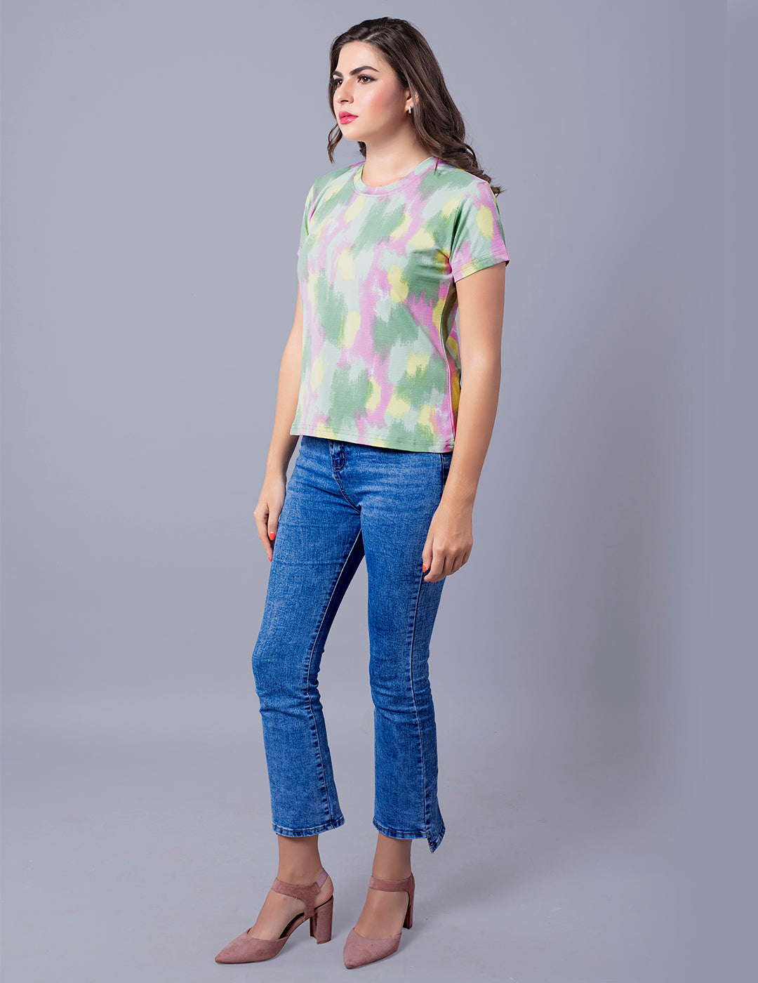 Comfortable Printed Tie & Dye T-shirt For Women In Green - Pink